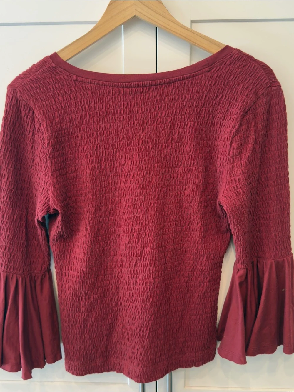 Anthropologie Wine Red Smocked Bell Sleeve Scoop Neck Top Size M